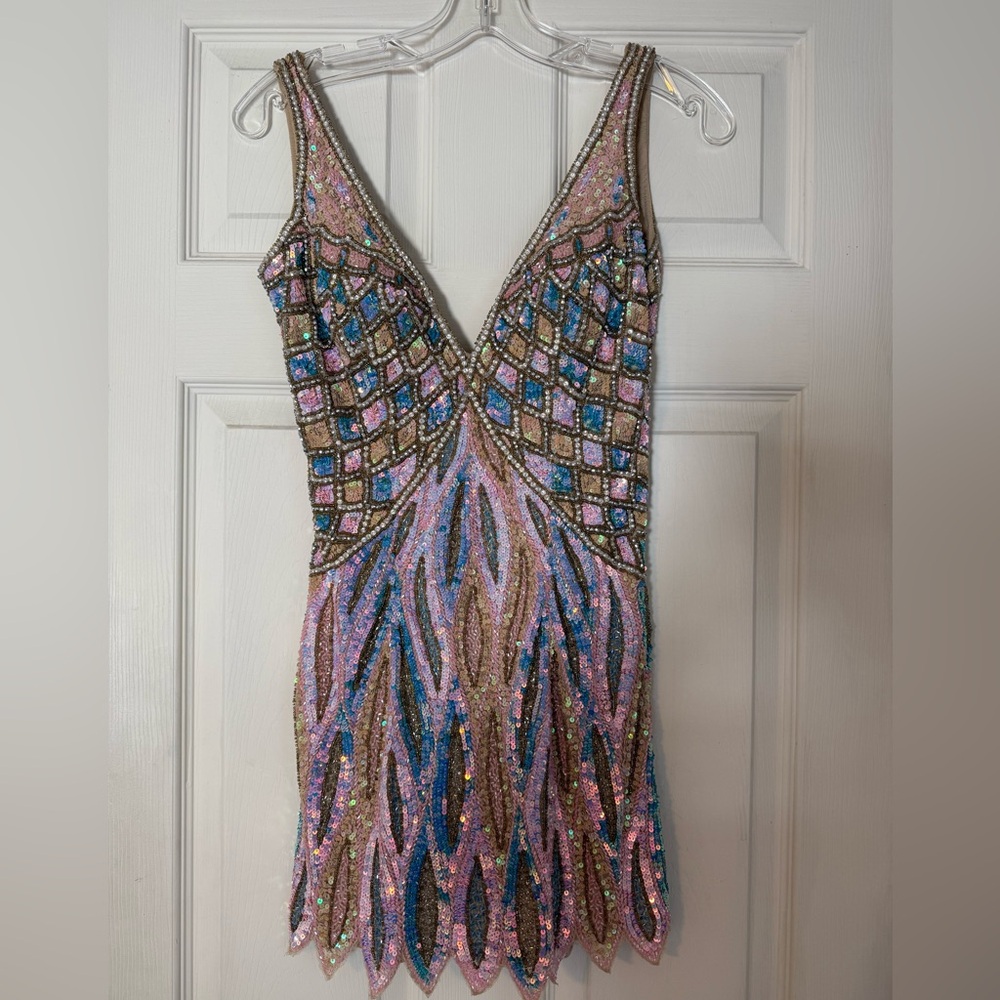 Jovani Sequin Mini Dress With Beaded Fringe Hem Style 46092 Size 00 - Picture 2 of 9